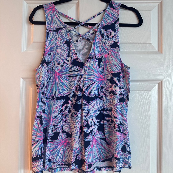 Lilly Pulitzer Kristen Swing Top Deep Sea Navy Shells Bells Criss Cross Size M - Picture 4 of 6